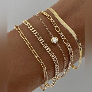 Gold Plated Stainless Steel 5pc Rhinestone Chain Bracelet Set
